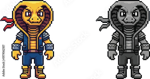 Pixel art illustration of an anthropomorphic cobra character in a blue jacket and yellow head, with a grayscale version beside it.