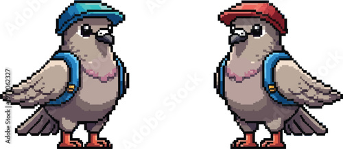 Charming pixel art illustration of two pigeons, each sporting a tiny hat and a blue backpack, standing side by side, one with a blue hat and the other with a red hat.