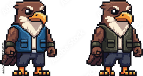 Two pixel art anthropomorphic eagle characters, one wearing a blue vest and the other an olive green vest, standing with dark blue pants.