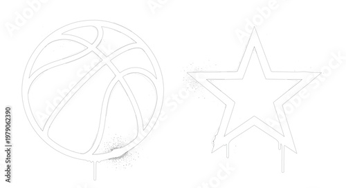 Urban Graffiti Black Line Basketball and Drip Star Vector Icons Set