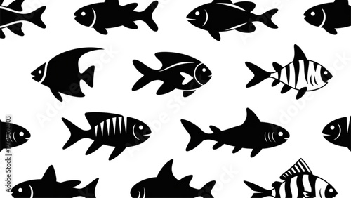 School of black and white stylized fish swimming in a pattern Vector