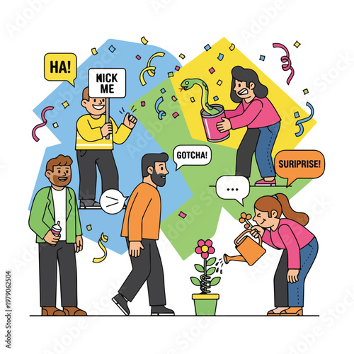 Group of people having fun and pulling pranks in colorful cartoon style