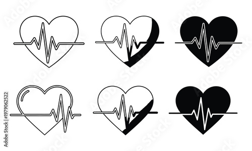 Electrocardiogram heartbeat line art a series of six black and white heart shaped ecg waveform illustrations