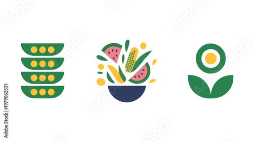 Three icons representing agricultural and food production elements Vector