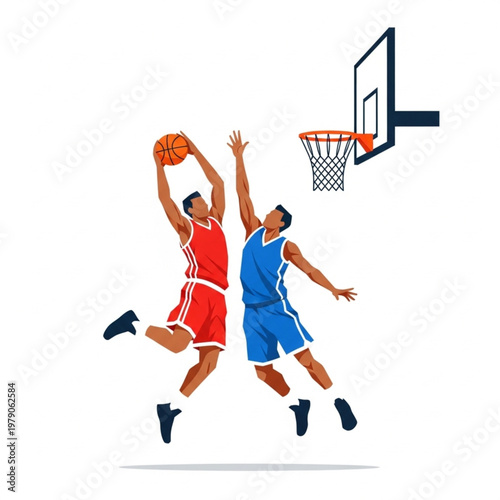 Red vs Blue Team Players Executing a Perfect Jump Shot Near Basket