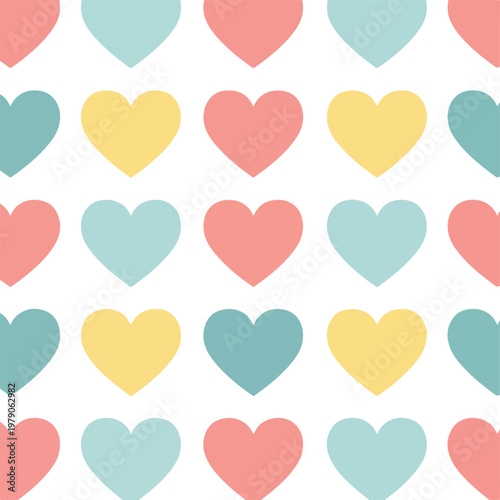 A pattern of pastel-colored hearts on a white background