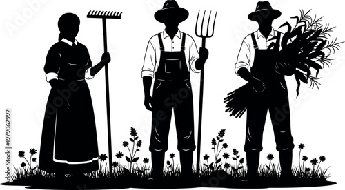 Farmer silhouettes with agricultural tools and harvest bundle, rural farming lifestyle concept, male and female workers in field, vintage countryside illustration isolated for design use