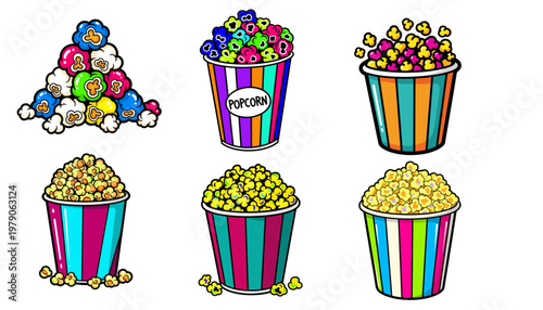 Colorful popcorn buckets, striped containers, movie snacks, cinema treats, vector illustrations