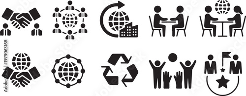 Business team management icons set, professional corporate networking, leadership partnership silhouettes and networking and Collaboration Set