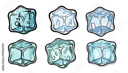 Ice cubes, frozen water, cartoon illustration, vector graphics, cold drink elements, 6 icons