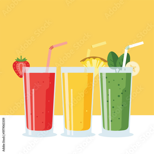 Illustration of three vibrant smoothies with fruit garnishes