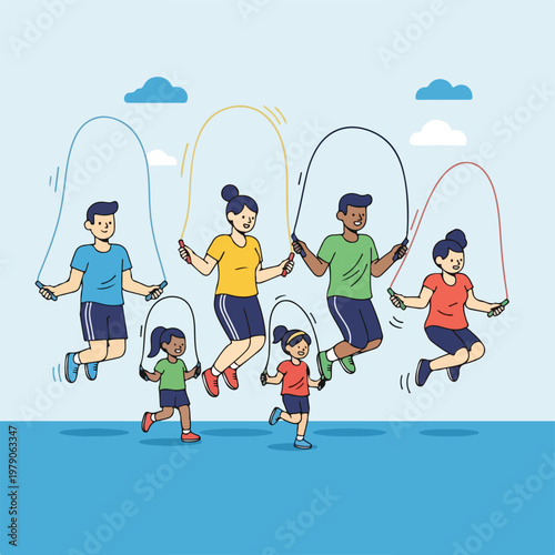 Group of people of different ages jumping rope together during recreation