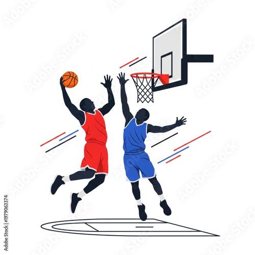 Two Basketball Players Competing for the Ball Near the Hoop in Minimalist Art