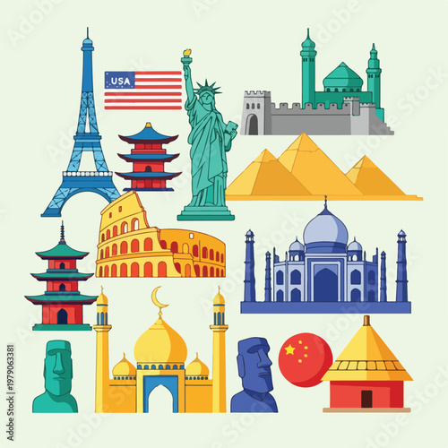 Colorful travel icons depicting worldwide landmarks and architectural structures