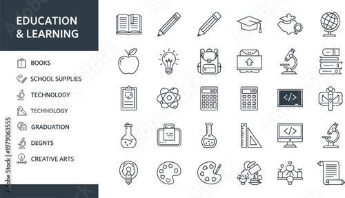 Education and learning line icon set with school supplies technology science graduation and creative arts symbols for academic design
