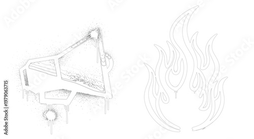 Urban graffiti vector icons set featuring megaphone loudspeaker and fire flame with spray paint drips