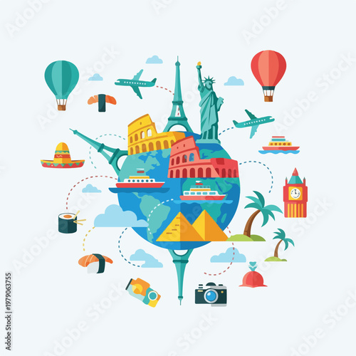 Colorful travel illustration features landmarks and icons around a globe