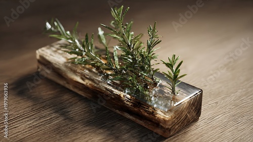 Fresh Rosemary Sprigs on a Cedar Block with Natural Textures and Lighting