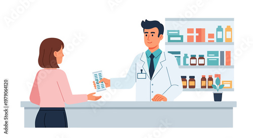 Pharmacist handing medicine to customer at counter with shelves of pharmaceuticals in background, healthcare service concept
