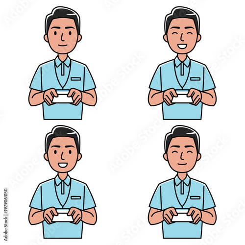 カードを差し出す笑顔の外国人男性（ポロシャツ姿）