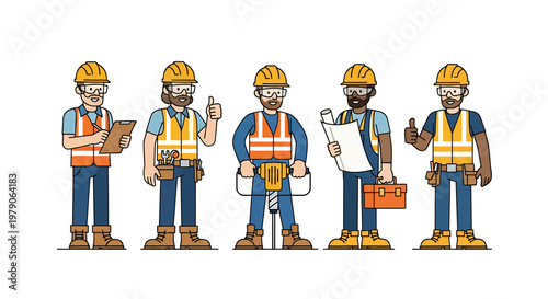 Construction workers in protective gear posing confidently with tools and blueprints for a building project