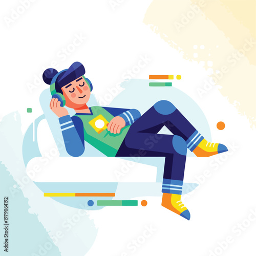 A person reclines on a couch, listening to music with headphones on