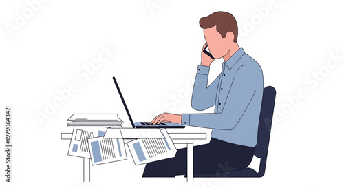 Professional managing multiple tasks simultaneously, talking on phone while working on laptop with documents, highlighting business communication and productivity challenges in a demanding environment