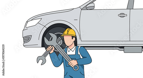 Car Repair Mechanic Holding Wrench Working on Vehicle Wheel in Auto Shop