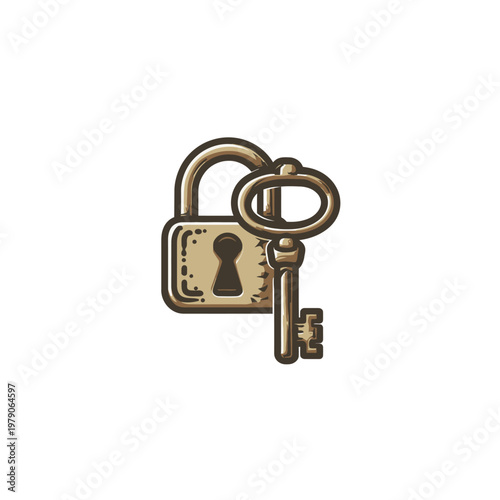 Vintage key unlocking a padlock on a white background