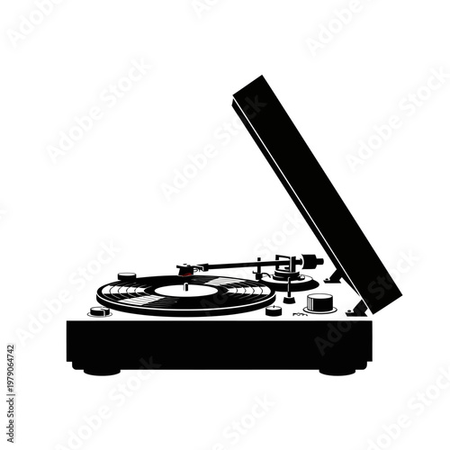 Vintage turntable playing a record in a minimalist room