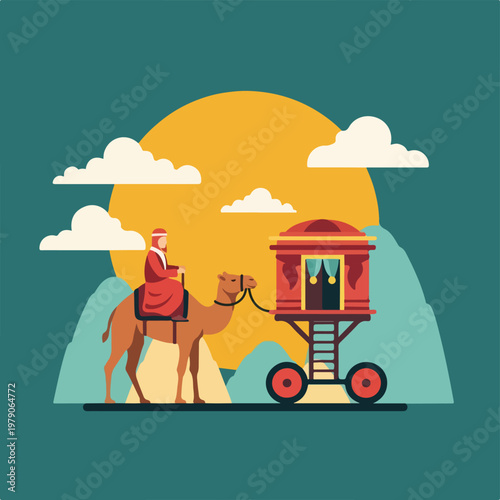 A person rides a camel pulling a cart