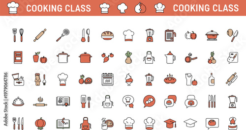 Cooking class flat icon set with kitchen utensils chef tools food preparation and culinary symbols for education and restaurant design
