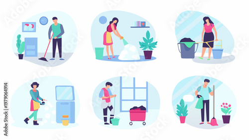 Illustrations depict people performing various household cleaning chores indoors