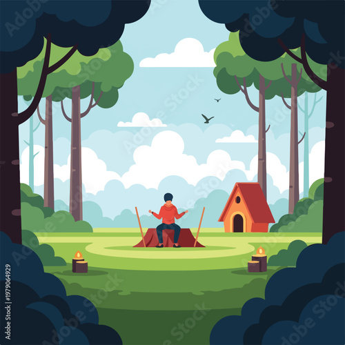 A person sits on a rock in a forest clearing with a doghouse