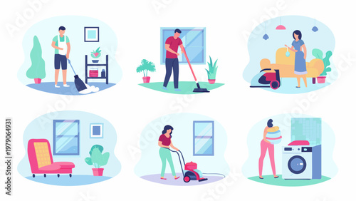 Illustrations depicting various household chores and cleaning activities indoors