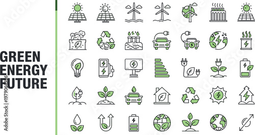 Green energy future line icon set with renewable power electric vehicles sustainability and eco technology symbols for environmental design