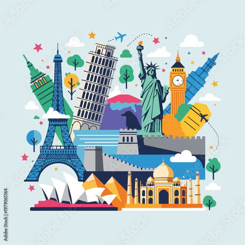 Colorful travel illustration, featuring iconic global landmarks and destinations