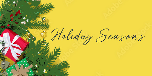 Festive holiday scene featuring gifts and evergreen branches on yellow