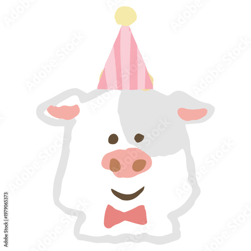 ふわふわパステルバースデー｜おめかししたウシのアイコン パーティー帽子 幼稚園・保育園向けイラスト