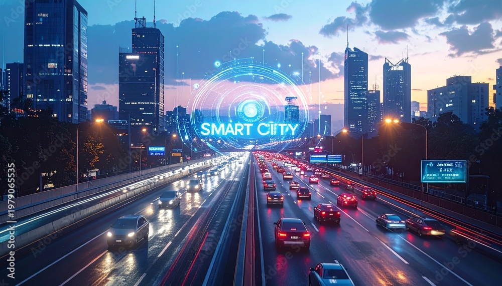 Fototapeta premium Futuristic Smart City Highway with Cars at Dusk.