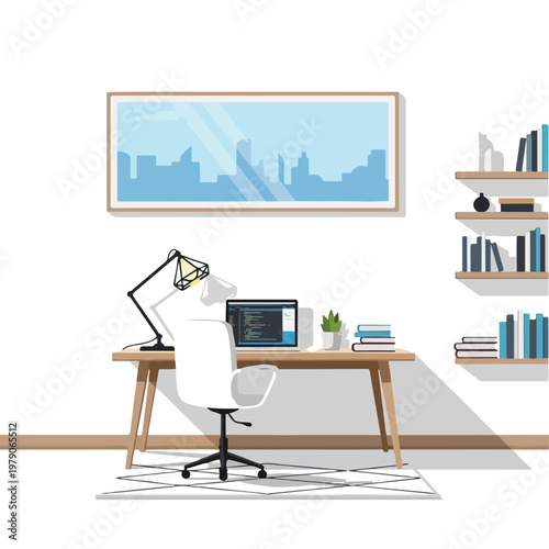 A person works on a computer at a desk with a city view