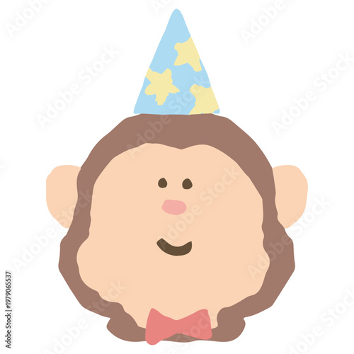 ふわふわパステルバースデー｜おめかししたサルのアイコン パーティー帽子 幼稚園・保育園向けイラスト