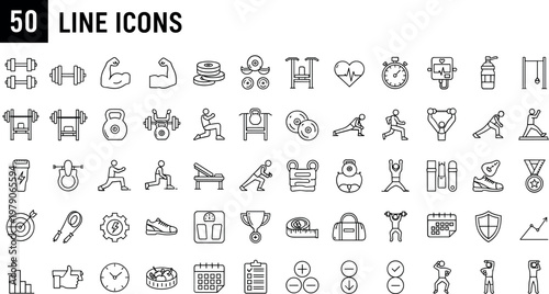 Fitness gym line icon set with workout equipment training exercise and bodybuilding symbols for sports apps and web design