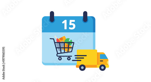Calendar with Shopping Cart and Delivery Truck.