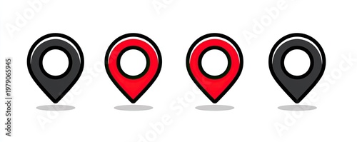 Four map pins, two red, two black with white interiors and drop shadows, against a white background