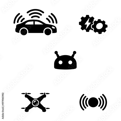 Smart car and autonomous technology icons
Autonomous smart car and drone technology icon set in minimalist solid black style.
