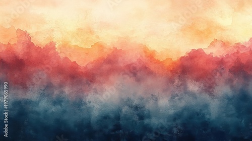 Abstract watercolor landscape with warm orange and red tones over cool blue and grey