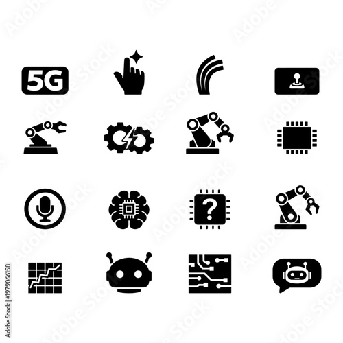 5G robotics technology icon set
Solid minimal icons for 5G robotics AI and modern smart technology systems