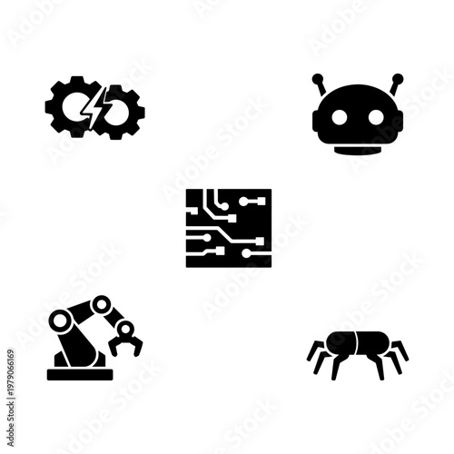 Robotics microchip technology icon set
Solid minimal icons for robotics automation chips and smart technology interface design