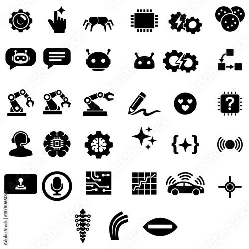 Artificial intelligence technology icon pack
Minimal solid icons for AI robotics UI dashboards apps and modern digital technology systems